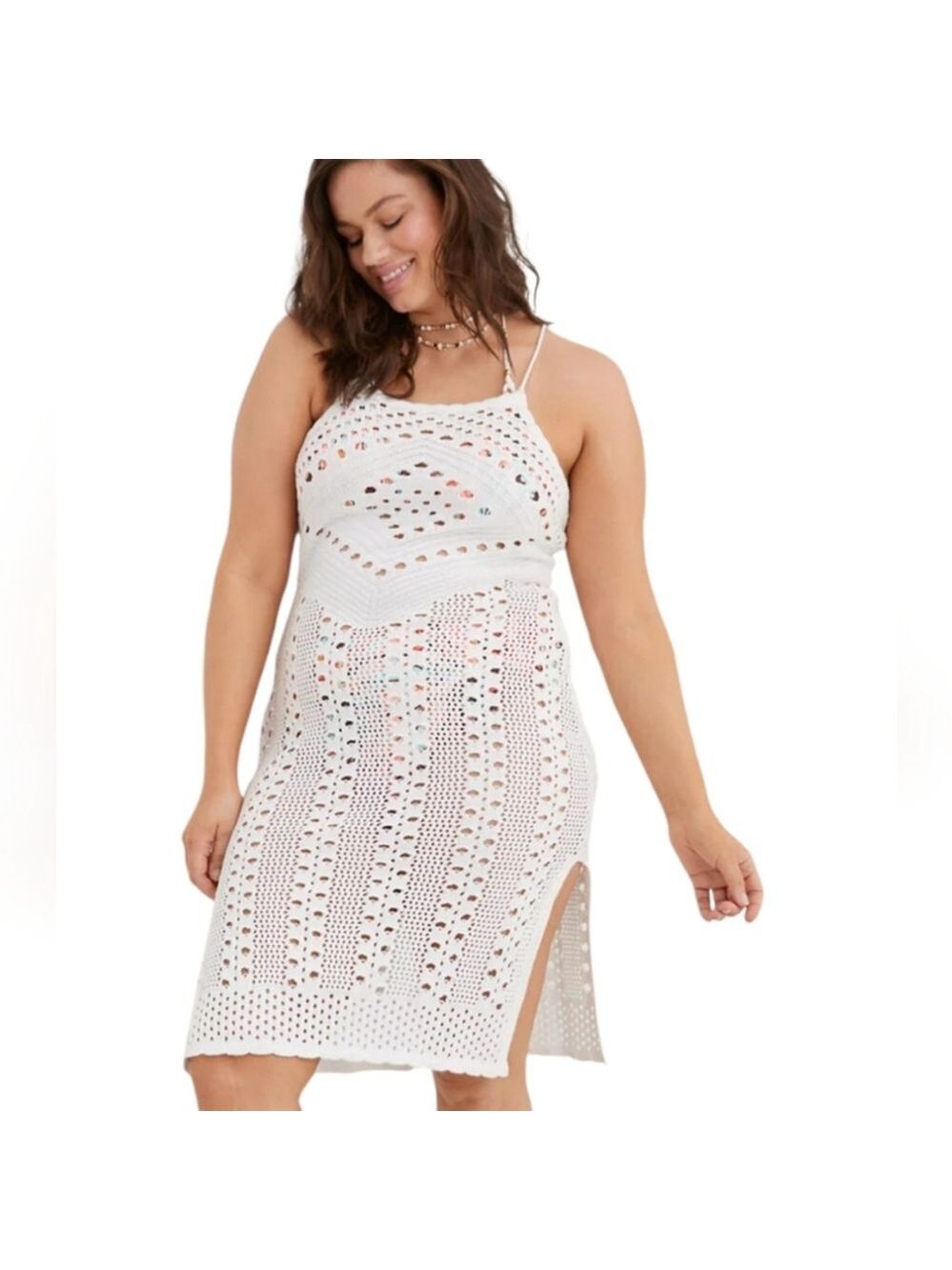 Aerie Crochet Halter Midi Dress White Small